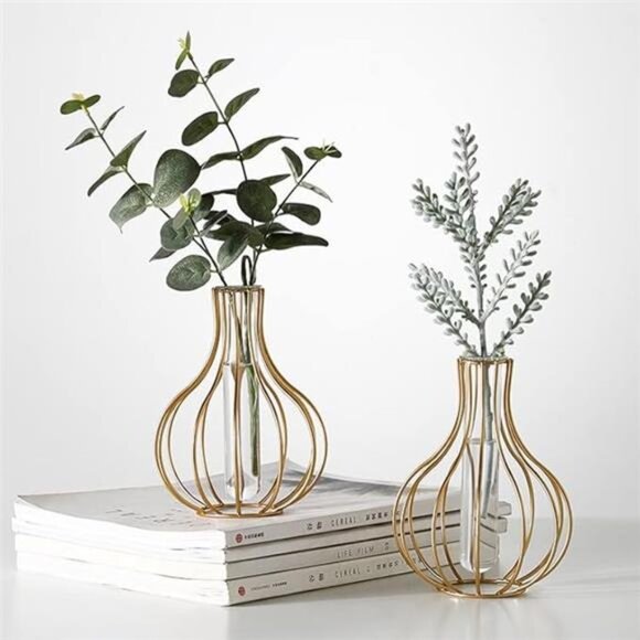 2 Pack Gold Metal Flower Vases, Small Desk Decor for Floral Arrangements, - Picture 1 of 7
